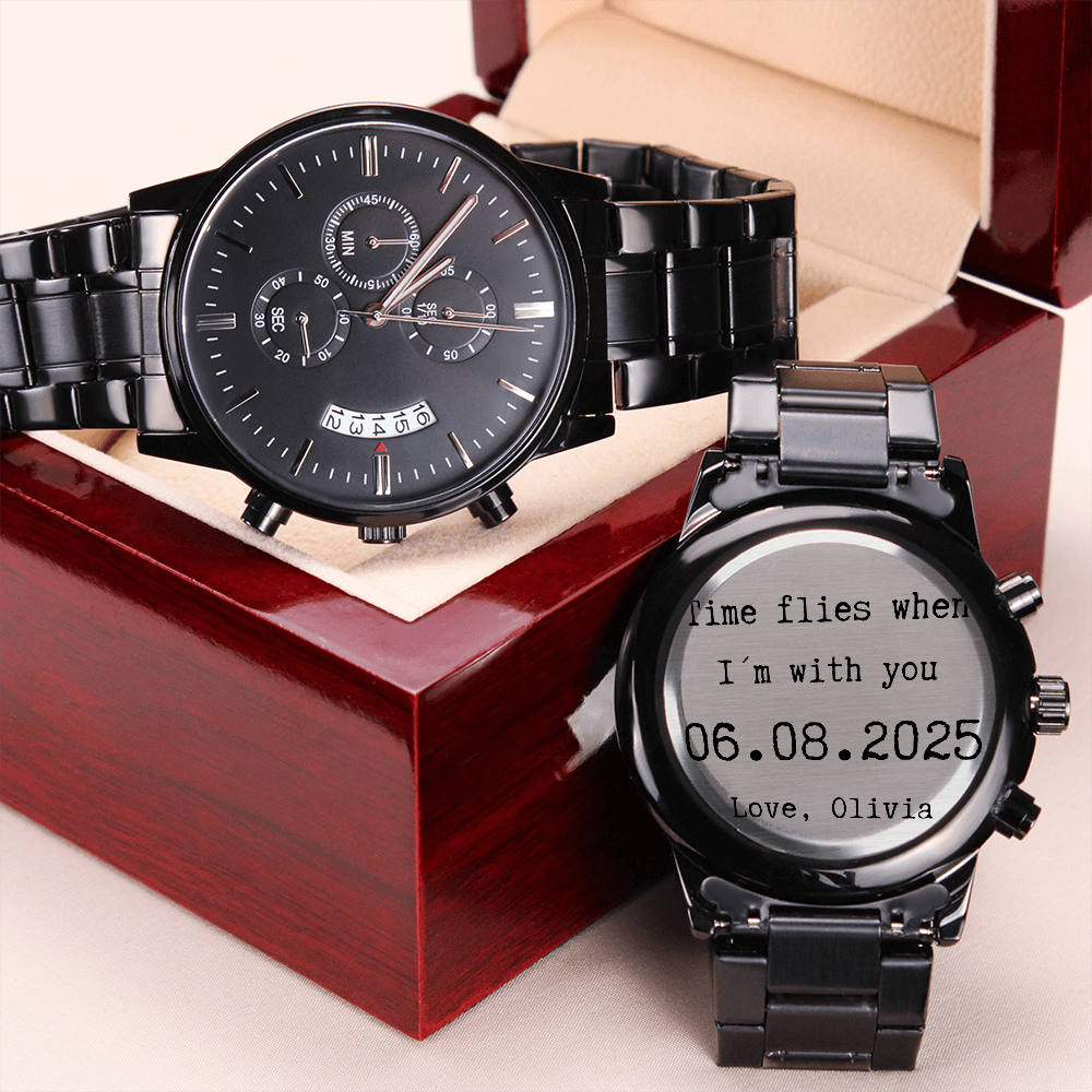 Custom Engraved Black Watch for Him – Personalized Gift with Date & Message – Anniversary, Birthday, Husband Gift from Wife