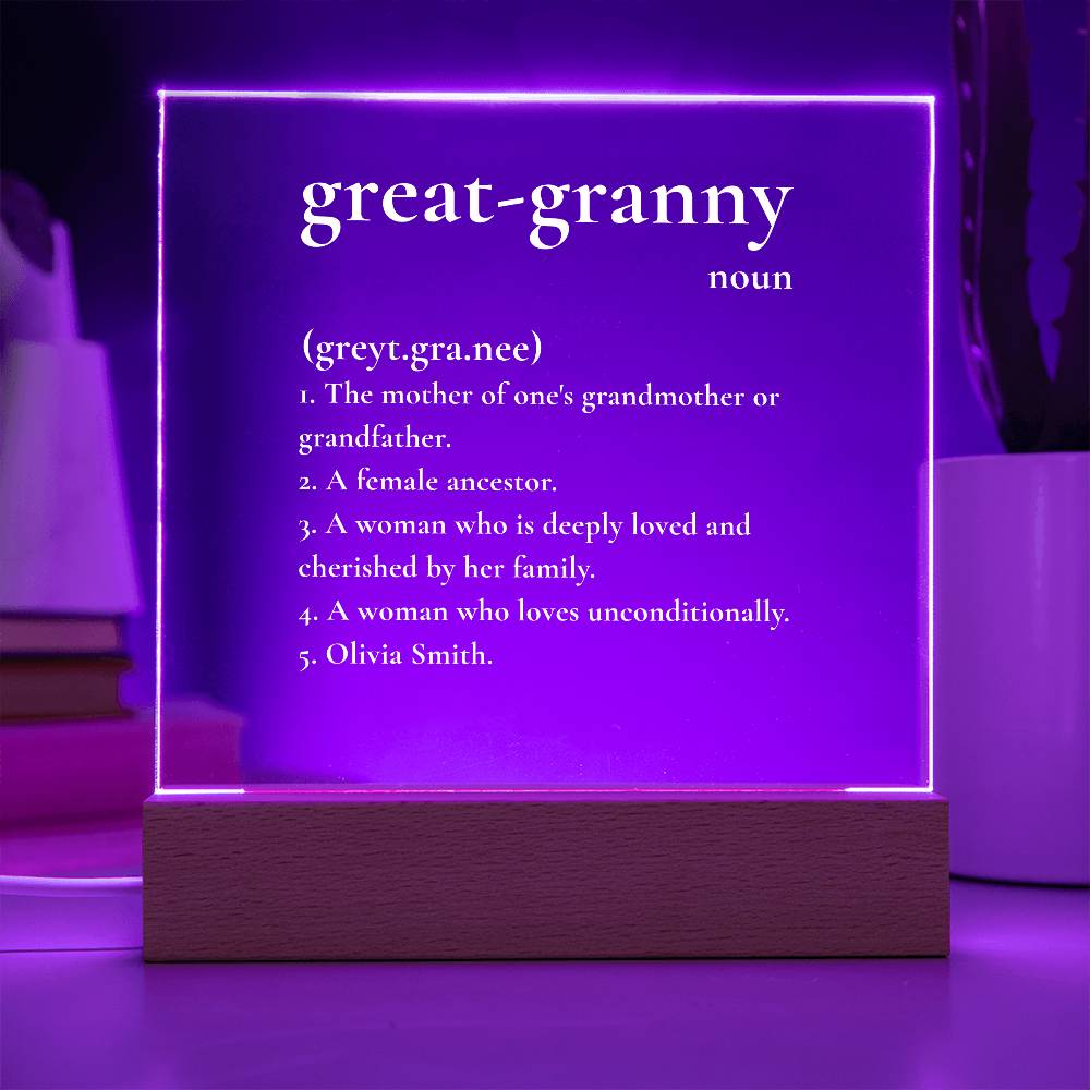 Custom Great-Granny Definition LED Lamp – Personalized Acrylic Light Gift for Great Grandmother – Unique Keepsake for Her