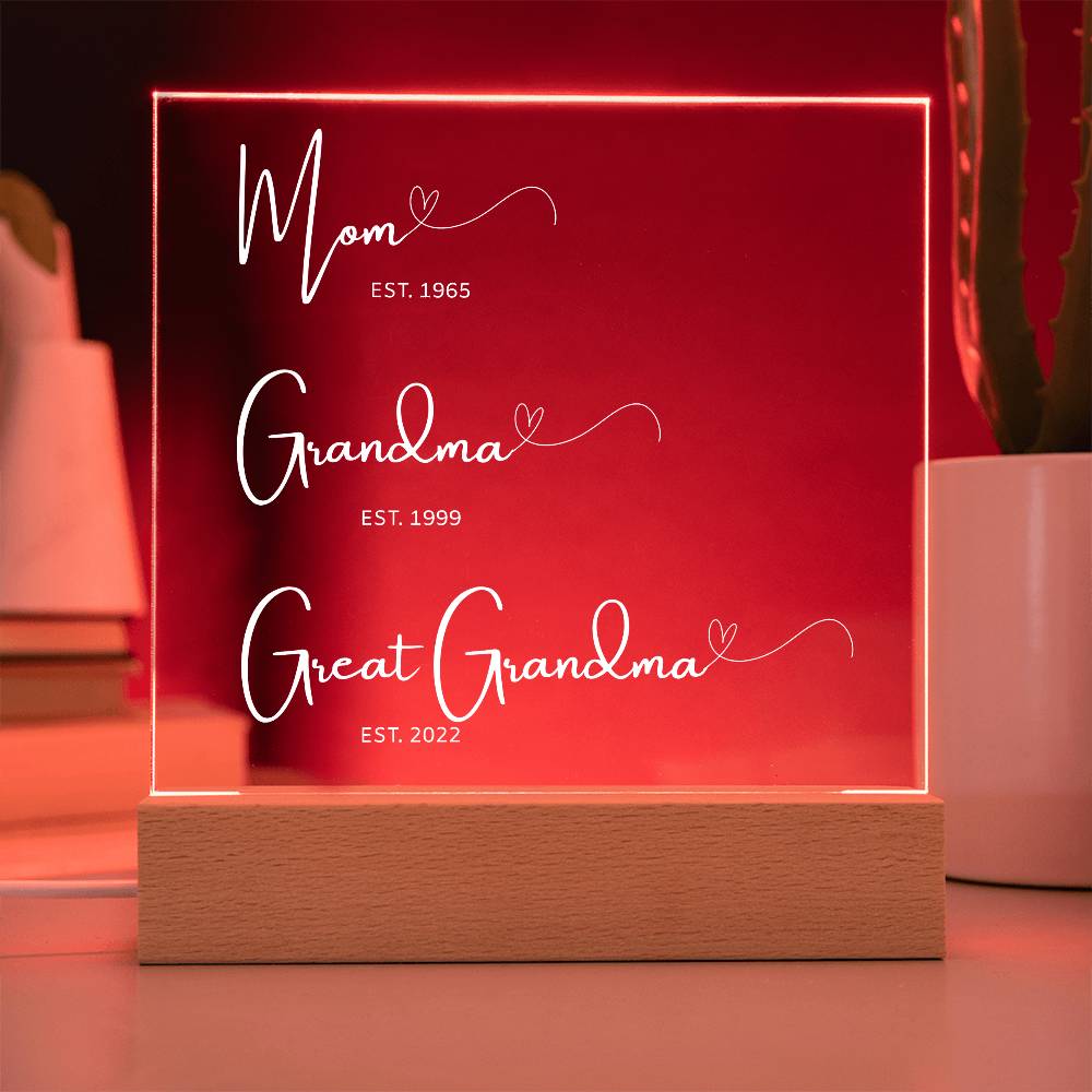 Personalized Generations Acrylic Sign – Mom, Grandma, Great Grandma Gift with Est. Dates – Mother's Day Keepsake for Family Legacy