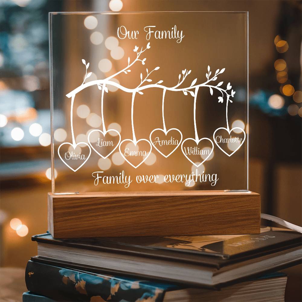 Personalized Family Tree Acrylic Plaque with Wooden Stand – Custom Names Gift, Home Decor, Family Keepsake, Anniversary Gift