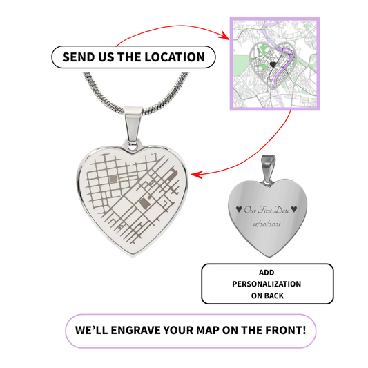 Personalized Map Necklace – Custom Heart Pendant Engraved with Your Special Location – Anniversary, Wedding, or Meaningful Gift for Her