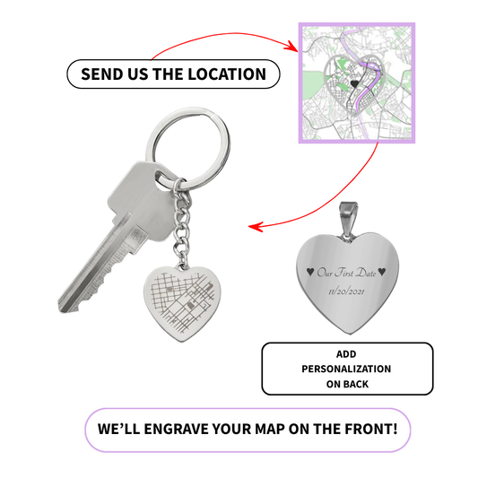 Custom Map Keychain – Personalized Heart Keychain Gift for Couples, Anniversary, First Date, or Long Distance Relationship Keepsake