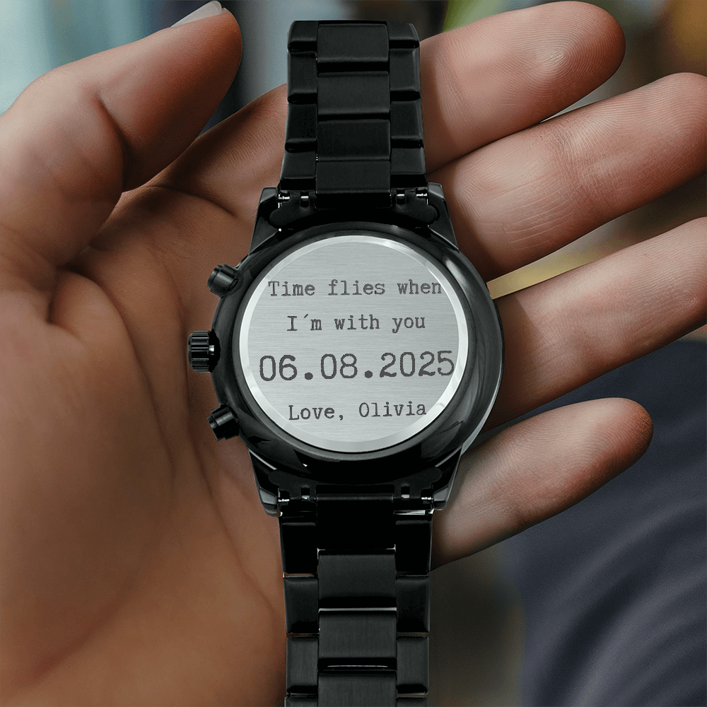 Custom Engraved Black Watch for Him – Personalized Gift with Date & Message – Anniversary, Birthday, Husband Gift from Wife