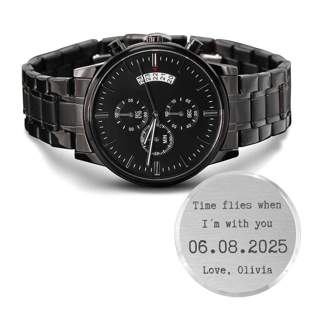 Custom Engraved Black Watch for Him – Personalized Gift with Date & Message – Anniversary, Birthday, Husband Gift from Wife