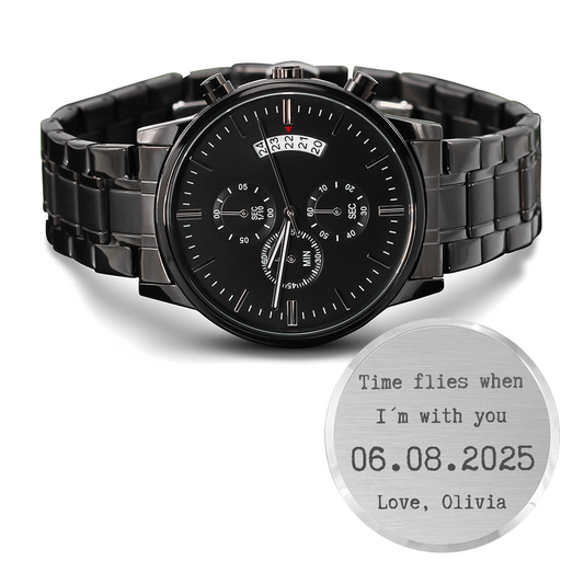 Custom Engraved Black Watch for Him – Personalized Gift with Date & Message – Anniversary, Birthday, Husband Gift from Wife