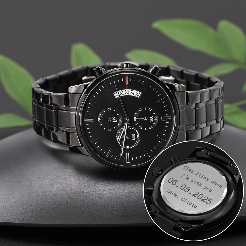 Custom Engraved Black Watch for Him – Personalized Gift with Date & Message – Anniversary, Birthday, Husband Gift from Wife