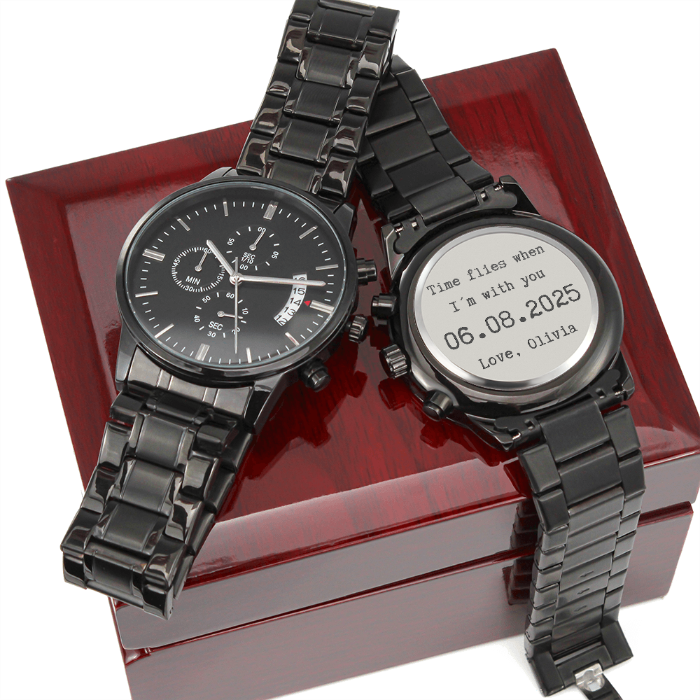 Custom Engraved Black Watch for Him – Personalized Gift with Date & Message – Anniversary, Birthday, Husband Gift from Wife