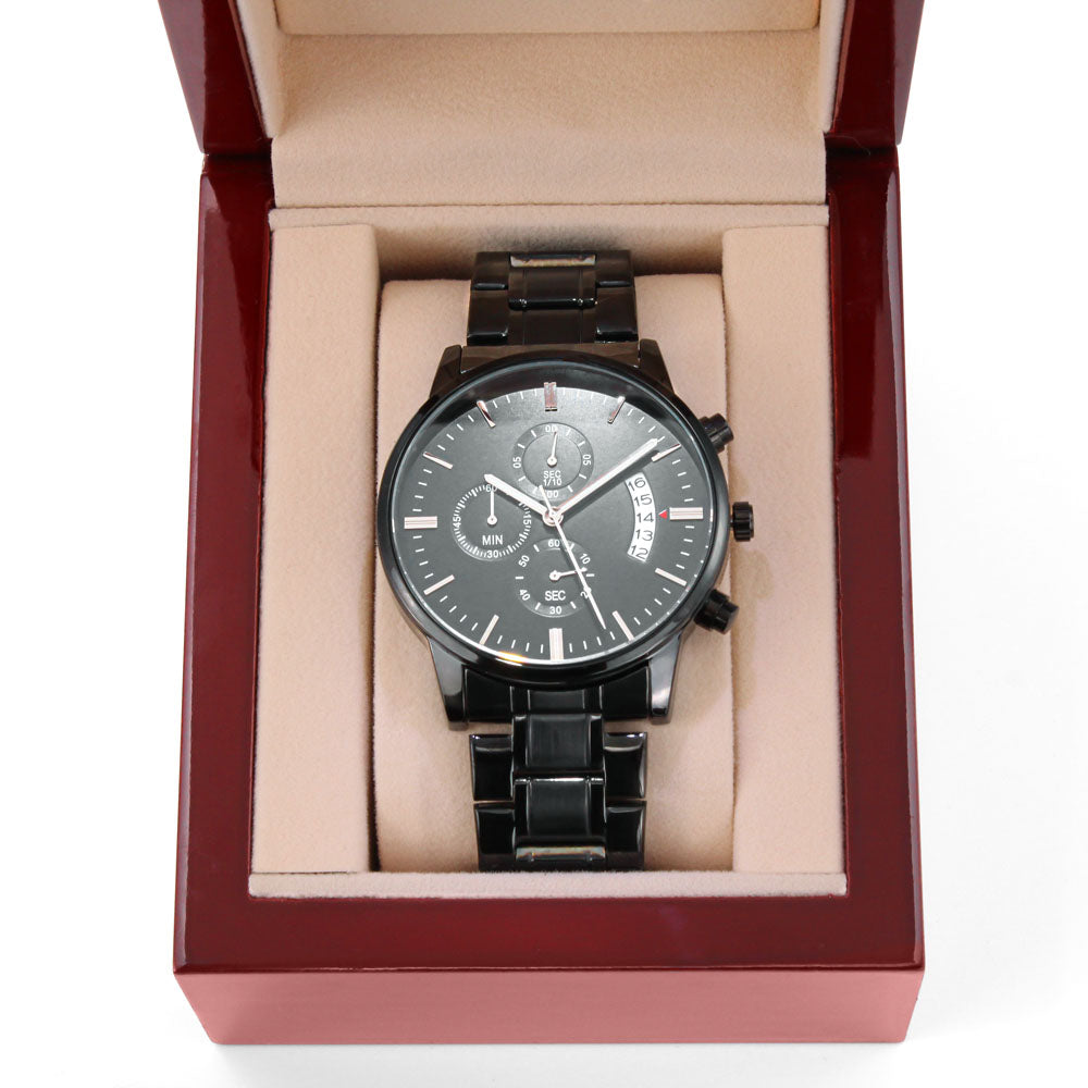 Custom Engraved Black Watch for Him – Personalized Gift with Date & Message – Anniversary, Birthday, Husband Gift from Wife