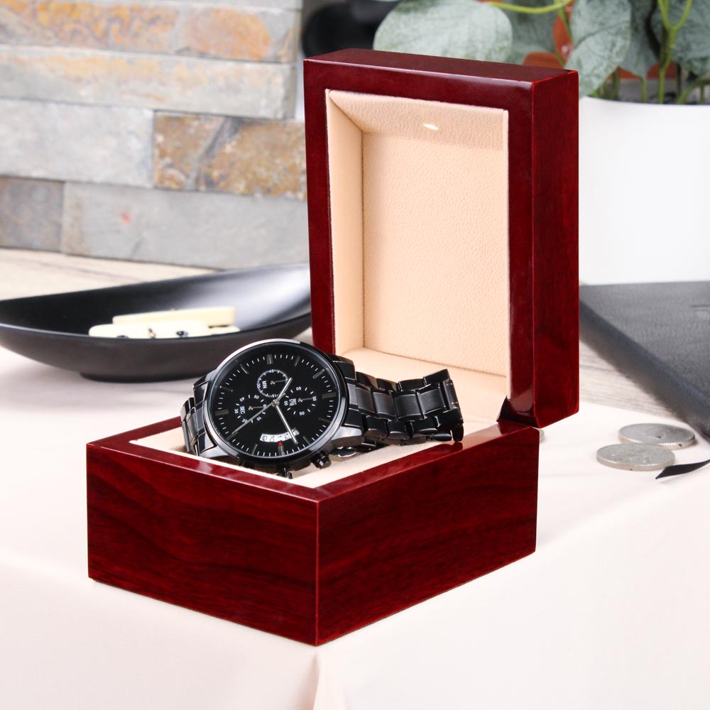 Custom Engraved Black Watch for Him – Personalized Gift with Date & Message – Anniversary, Birthday, Husband Gift from Wife