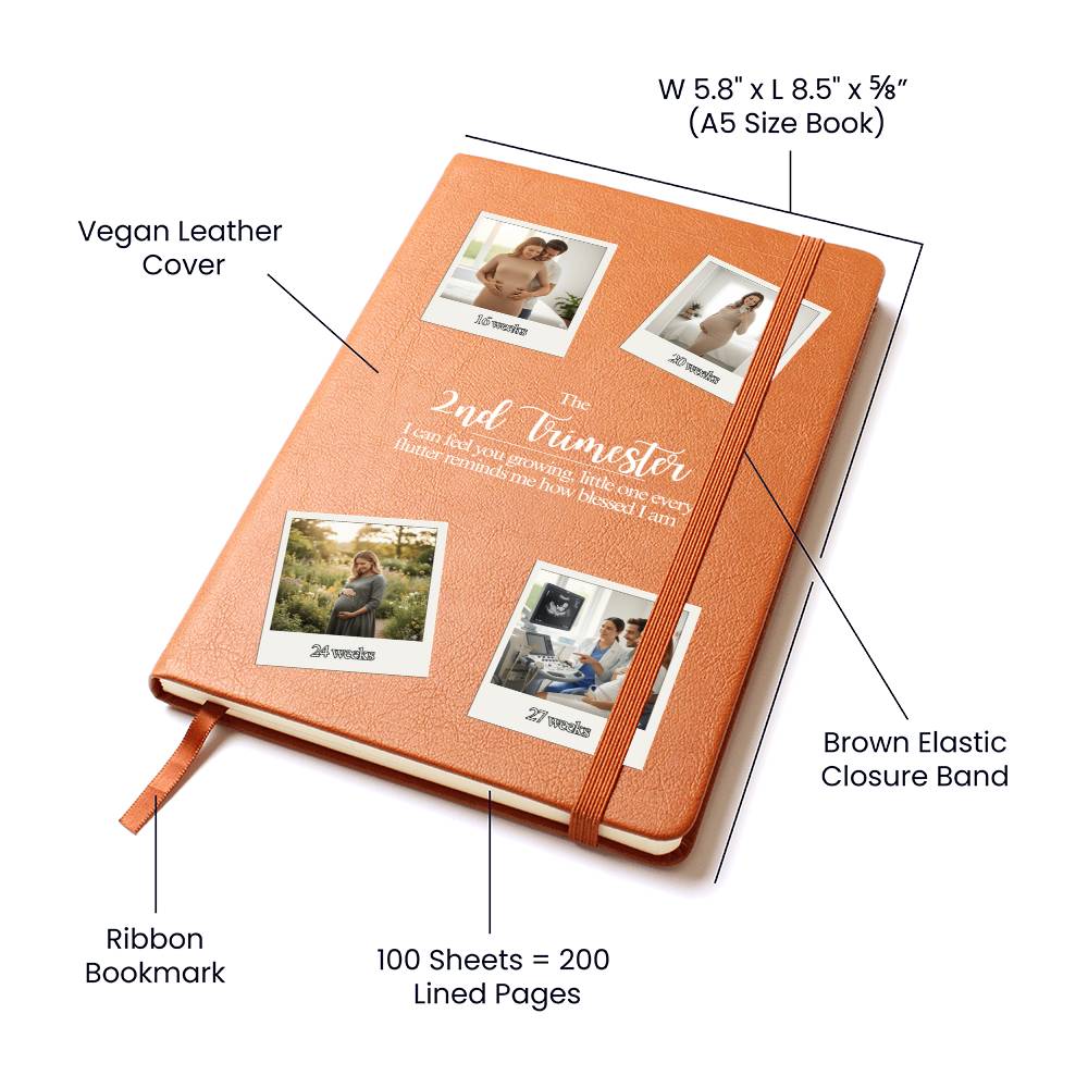 Personalized 2nd Trimester Pregnancy Journal | Custom Photo Vegan Leather Keepsake