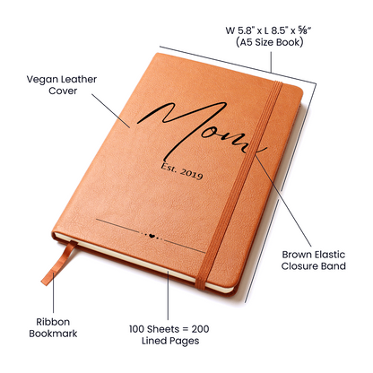 Personalized Mom Journal – Custom Leather Notebook with “Mom Est.” Year – Thoughtful Gift for New Moms, Mother’s Day or Baby Shower