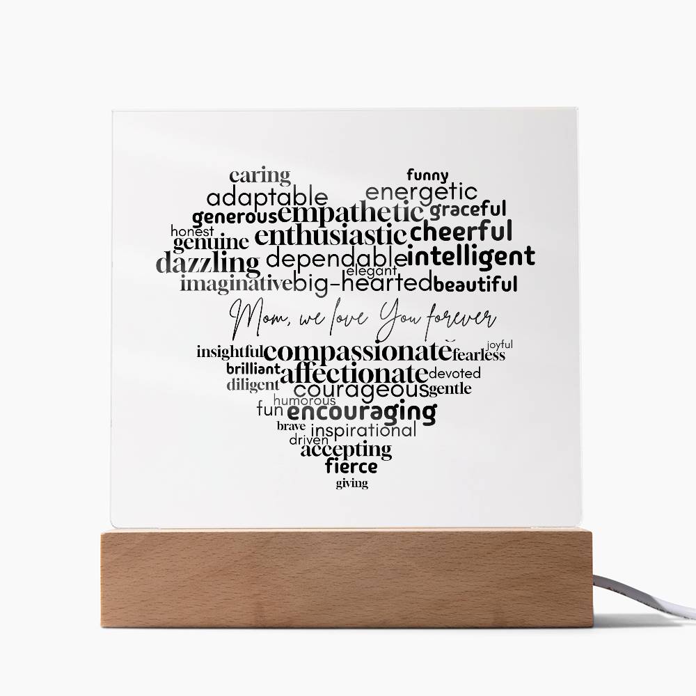 Personalized Mom Word Cloud Acrylic Plaque – Heart Shaped Gift with Loving Words, Mother's Day Gift, Mom Birthday Decor