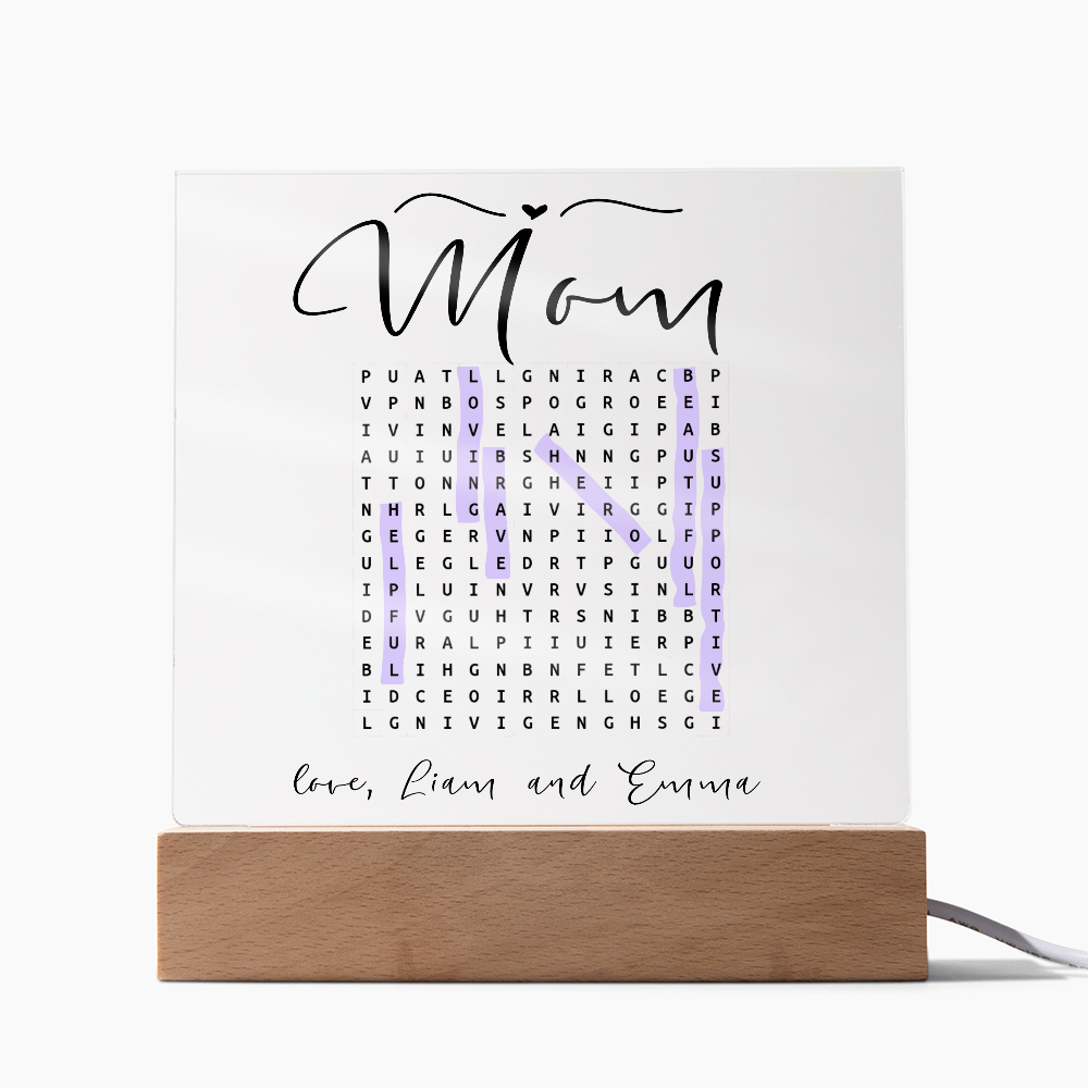 Personalized Mom Word Search LED Lamp – Custom Acrylic Light with Kids' Names – Unique Gift for Mother’s Day or Birthday