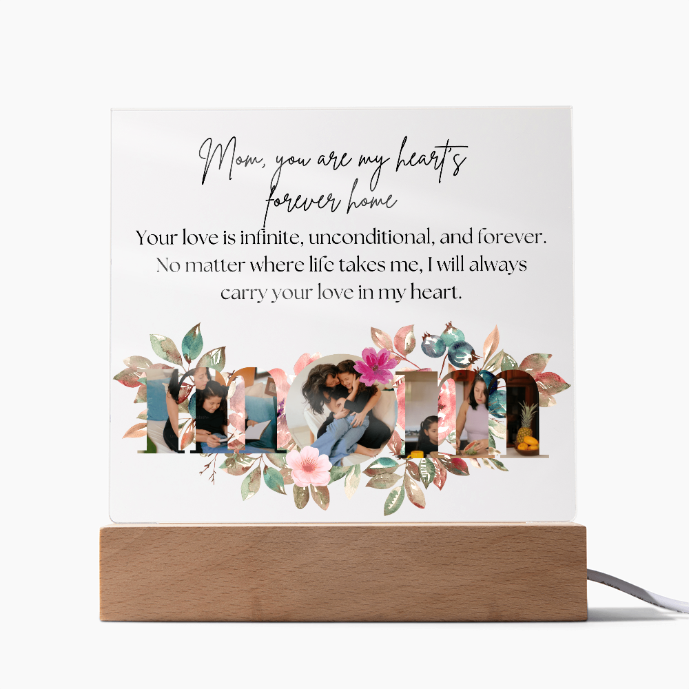 Personalized Mom Acrylic Plaque with Custom Photos | Floral Mother's Day Gift | Birthday Gift for Mom | LED Light Base Option