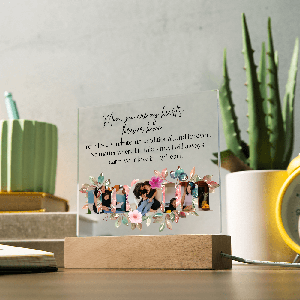 Personalized Mom Acrylic Plaque with Custom Photos | Floral Mother's Day Gift | Birthday Gift for Mom | LED Light Base Option