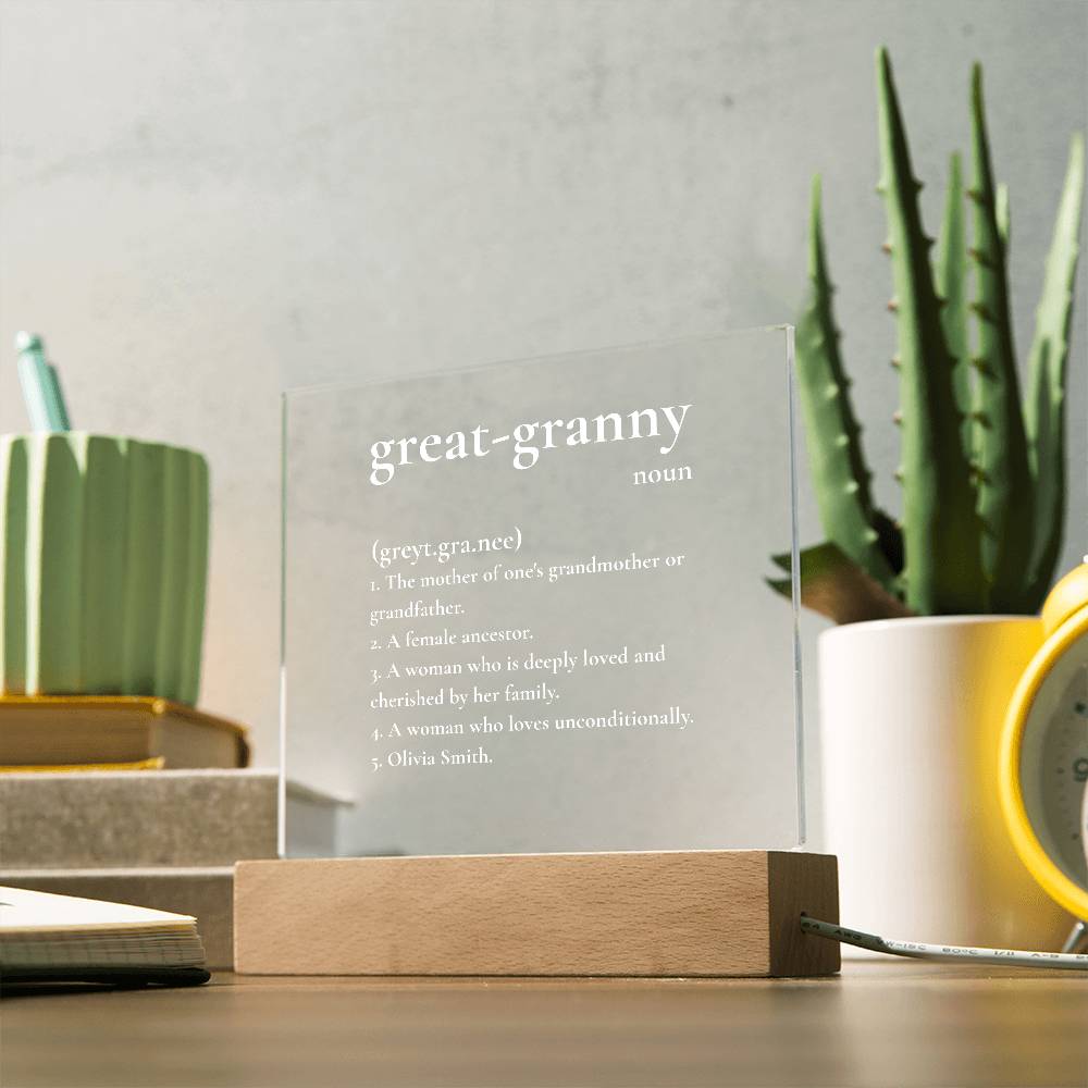 Custom Great-Granny Definition LED Lamp – Personalized Acrylic Light Gift for Great Grandmother – Unique Keepsake for Her