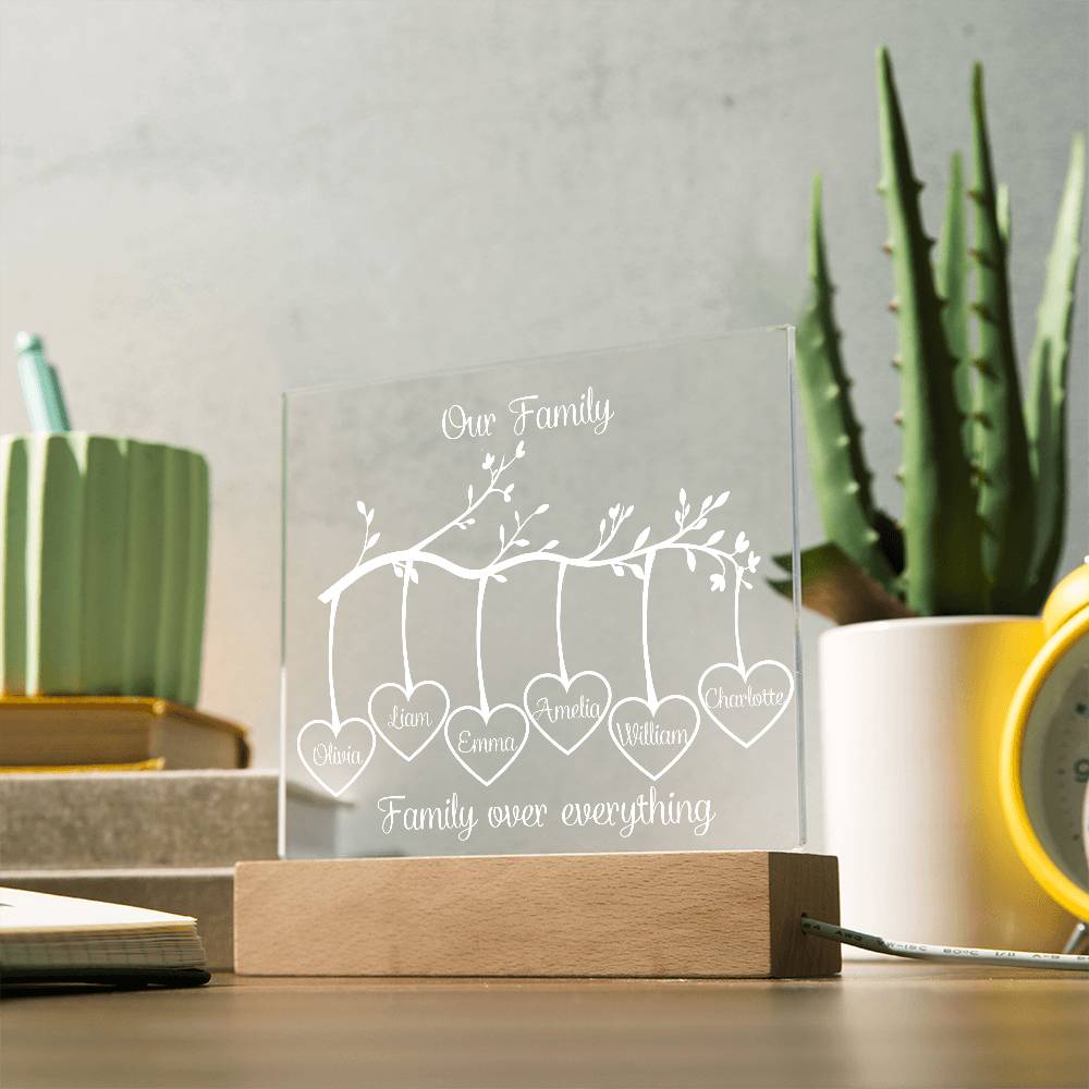 Personalized Family Tree Acrylic Plaque with Wooden Stand – Custom Names Gift, Home Decor, Family Keepsake, Anniversary Gift