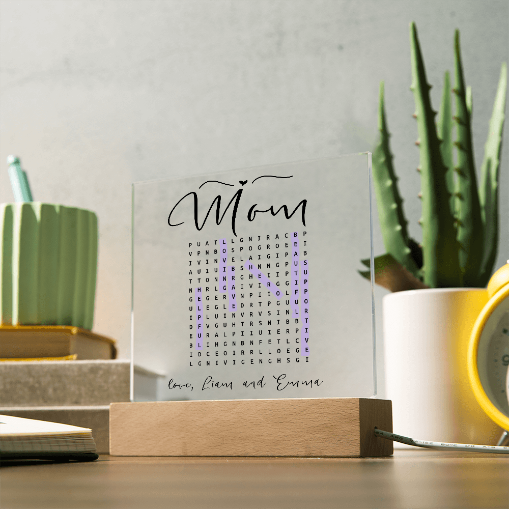 Personalized Mom Word Search LED Lamp – Custom Acrylic Light with Kids' Names – Unique Gift for Mother’s Day or Birthday