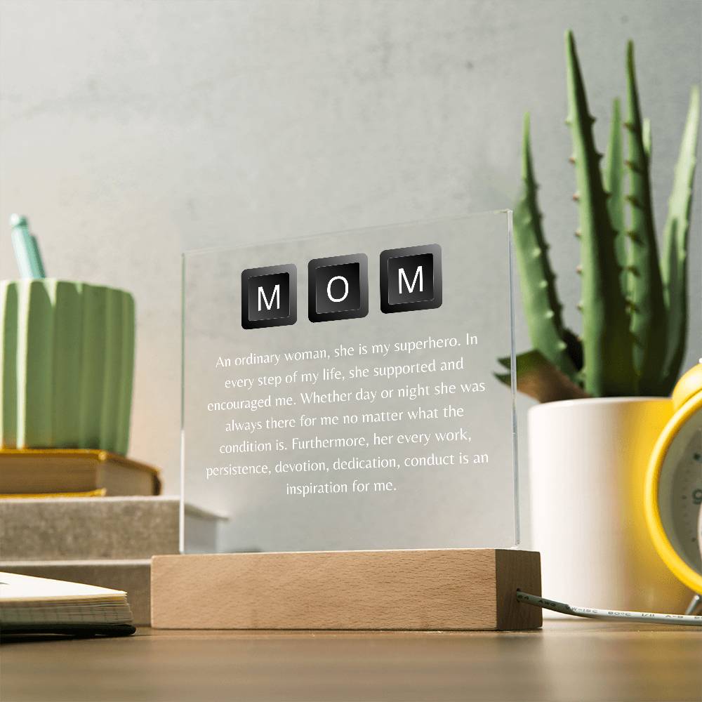 Personalized MOM LED Acrylic Lamp – Superhero Tribute Gift for Mother – Meaningful Light with Inspirational Message for Mom