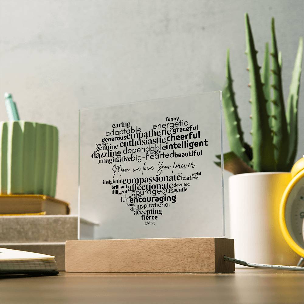 Personalized Mom Word Cloud Acrylic Plaque – Heart Shaped Gift with Loving Words, Mother's Day Gift, Mom Birthday Decor