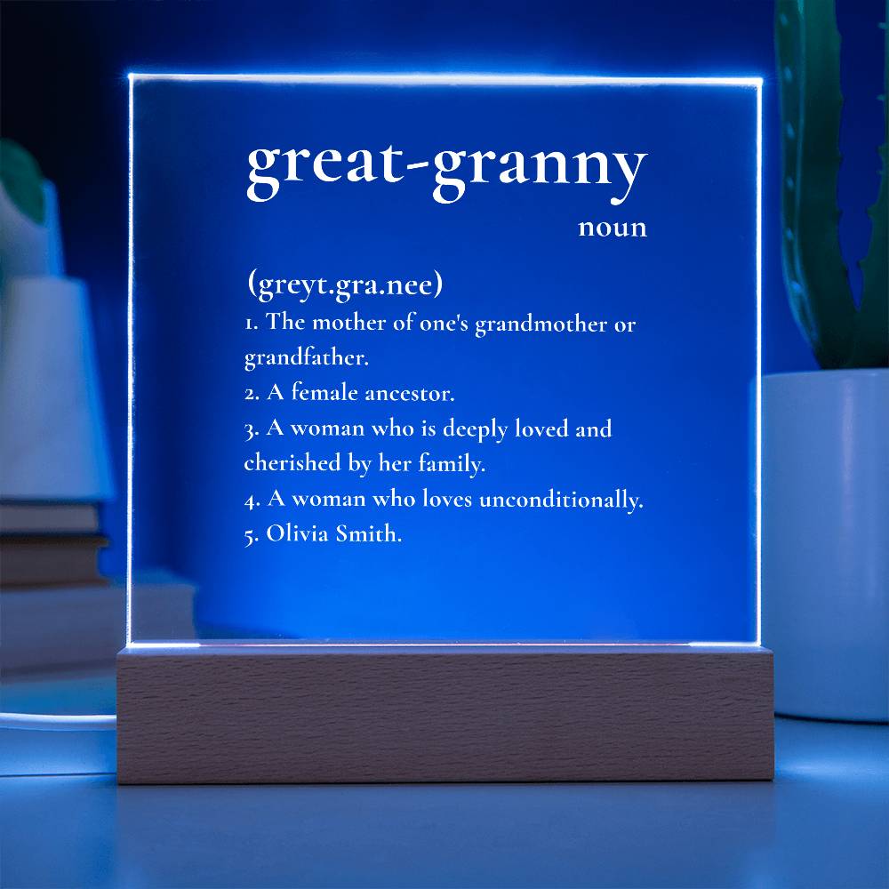 Custom Great-Granny Definition LED Lamp – Personalized Acrylic Light Gift for Great Grandmother – Unique Keepsake for Her