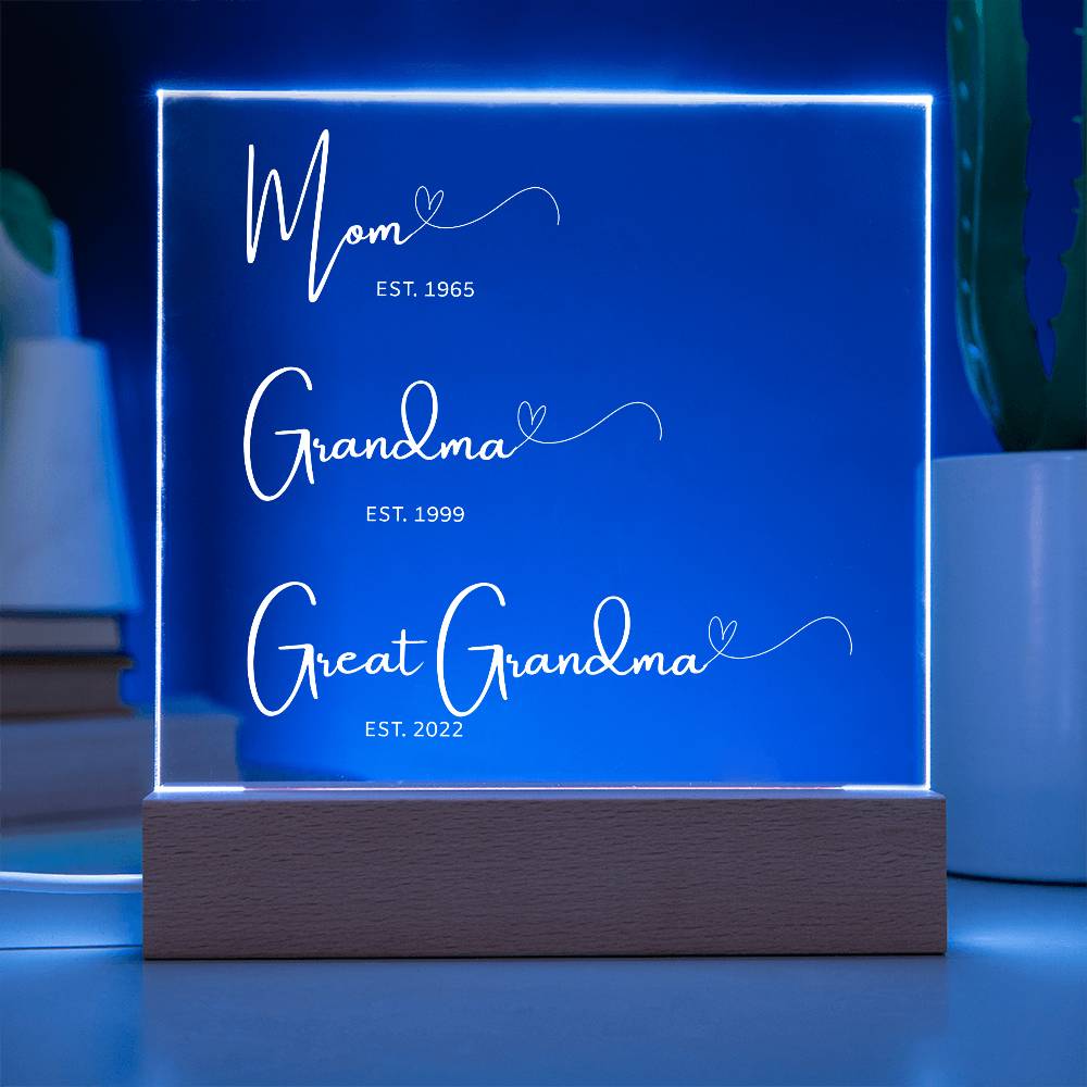 Personalized Generations Acrylic Sign – Mom, Grandma, Great Grandma Gift with Est. Dates – Mother's Day Keepsake for Family Legacy