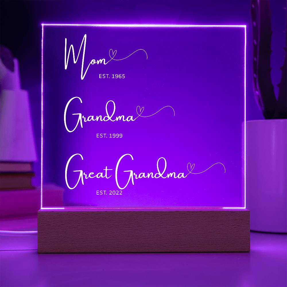 Personalized Generations Acrylic Sign – Mom, Grandma, Great Grandma Gift with Est. Dates – Mother's Day Keepsake for Family Legacy