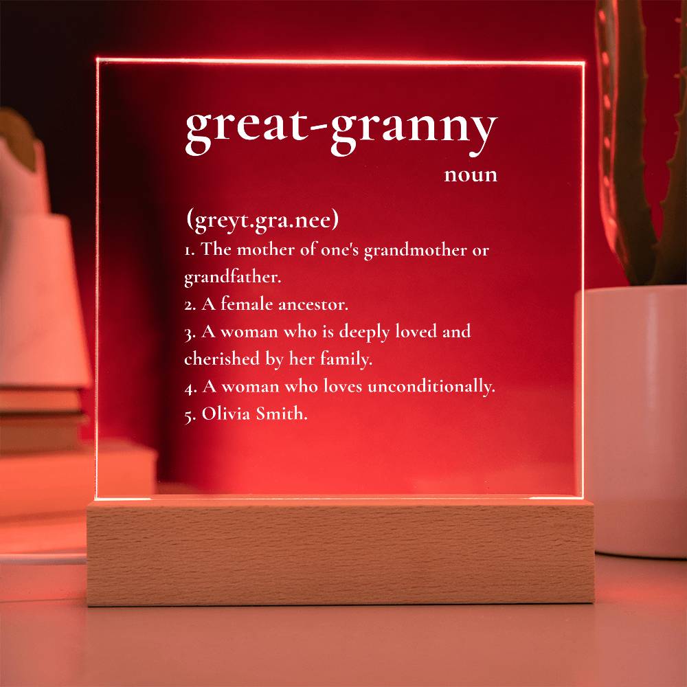Custom Great-Granny Definition LED Lamp – Personalized Acrylic Light Gift for Great Grandmother – Unique Keepsake for Her