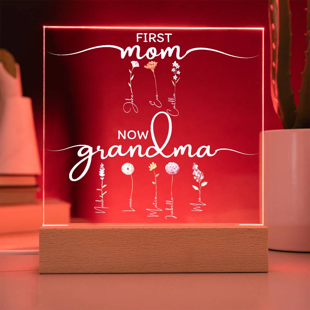 Personalized “First Mom, Now Grandma” LED Lamp – Custom Acrylic Light with Kids & Grandkids Names – Gift for Grandma from Family