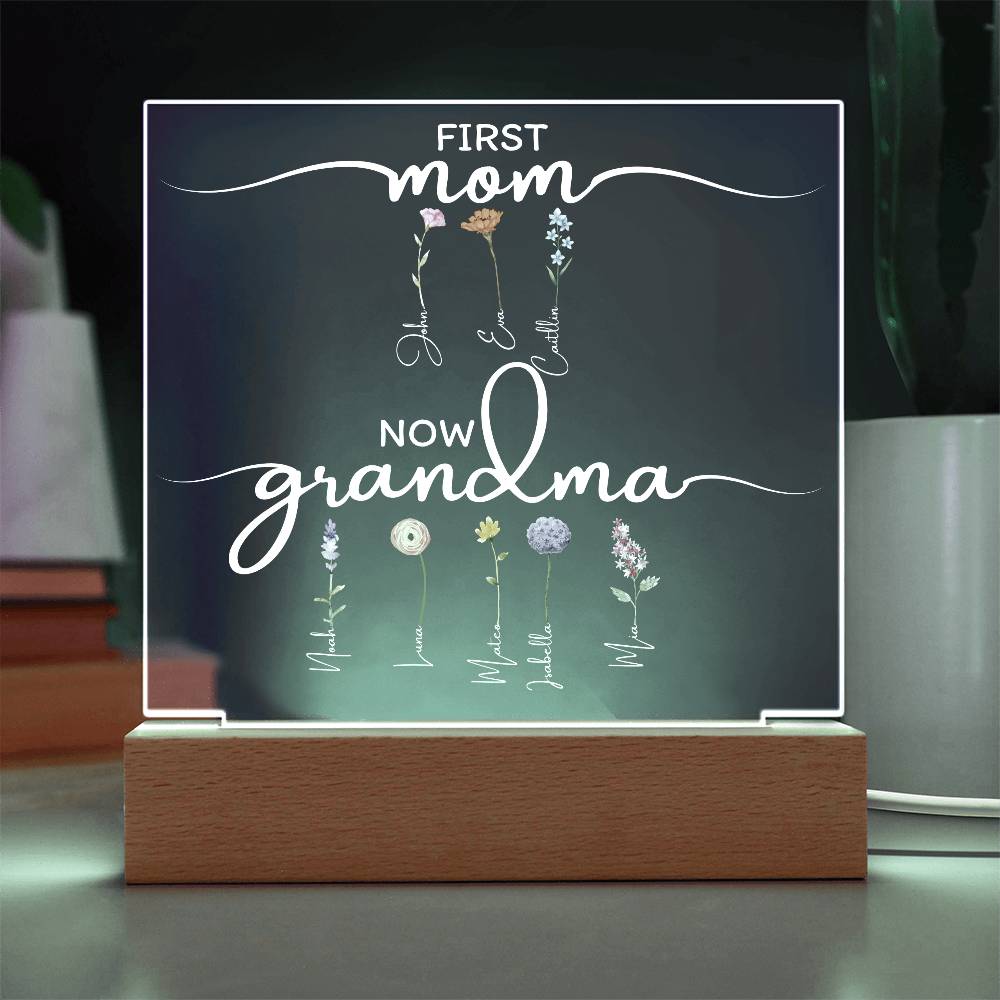 Personalized “First Mom, Now Grandma” LED Lamp – Custom Acrylic Light with Kids & Grandkids Names – Gift for Grandma from Family