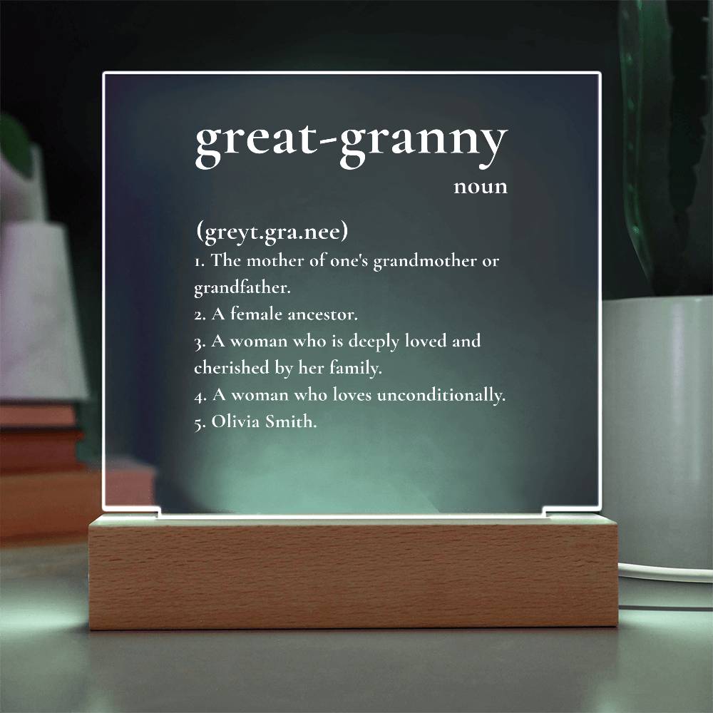Custom Great-Granny Definition LED Lamp – Personalized Acrylic Light Gift for Great Grandmother – Unique Keepsake for Her