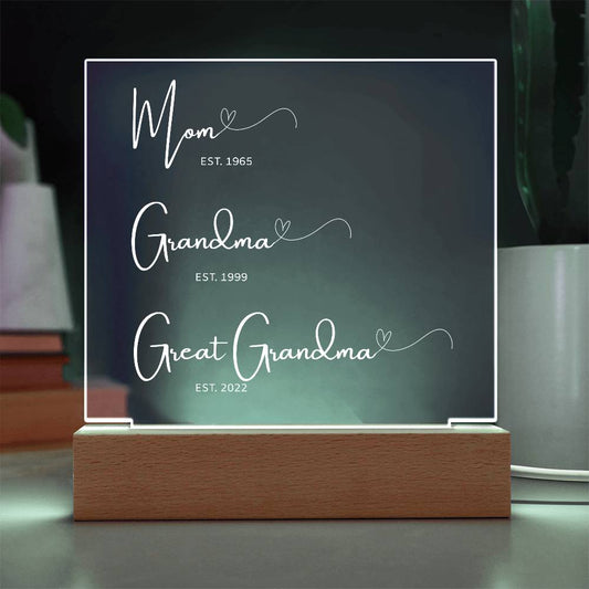 Personalized Generations Acrylic Sign – Mom, Grandma, Great Grandma Gift with Est. Dates – Mother's Day Keepsake for Family Legacy