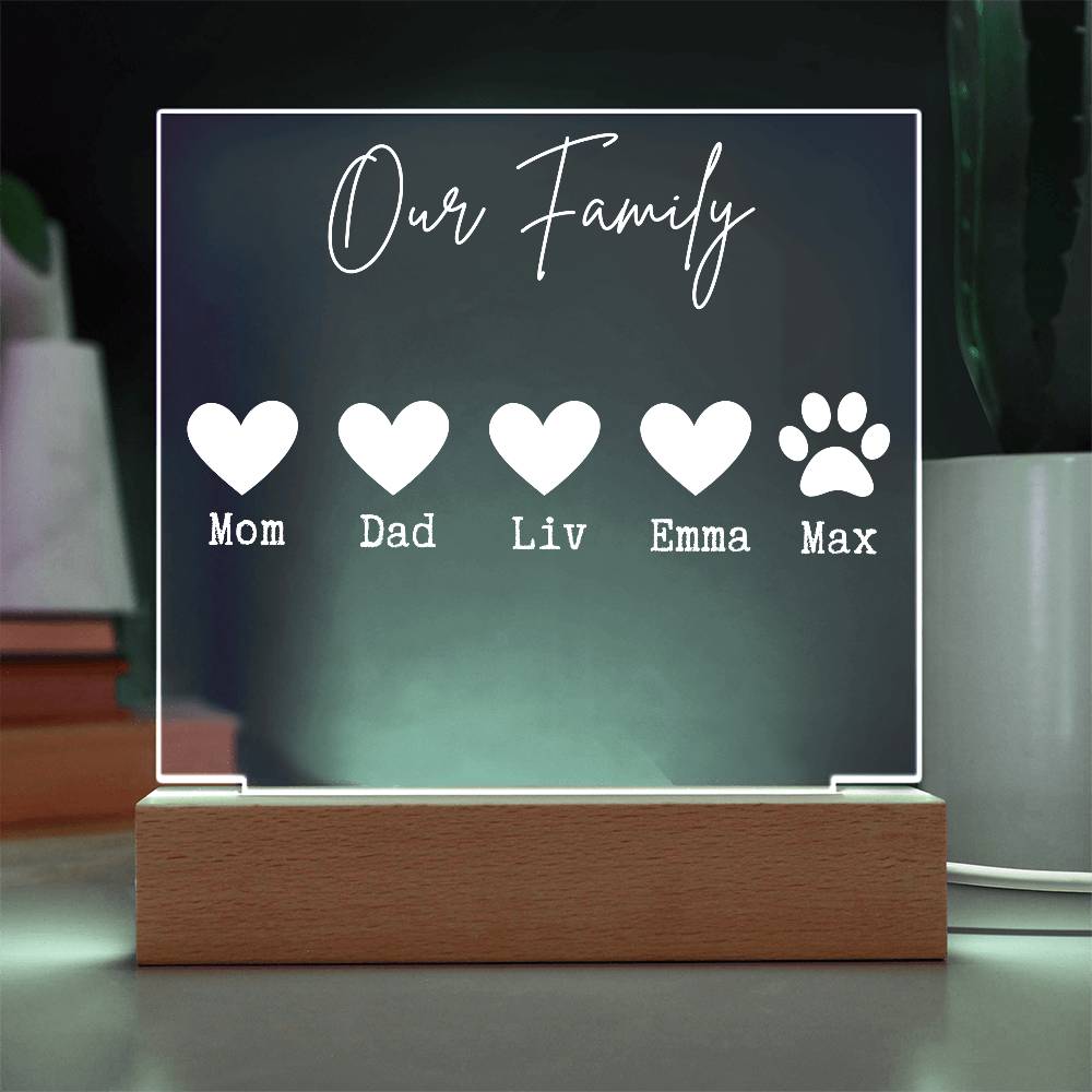 Personalized Family Acrylic Sign with Pet Name – Custom Hearts & Paw Print Gift, Home Décor for Families with Dogs or Cats