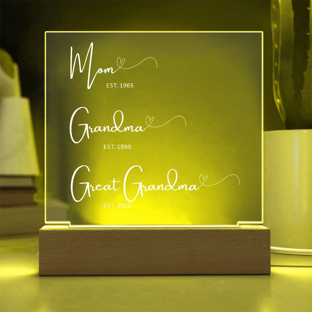 Personalized Generations Acrylic Sign – Mom, Grandma, Great Grandma Gift with Est. Dates – Mother's Day Keepsake for Family Legacy