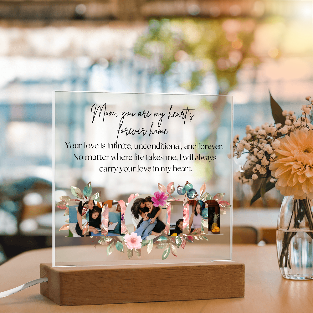 Personalized Mom Acrylic Plaque with Custom Photos | Floral Mother's Day Gift | Birthday Gift for Mom | LED Light Base Option