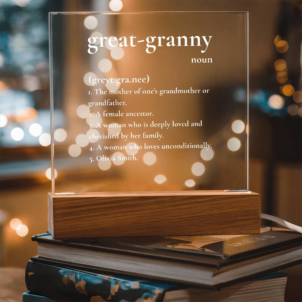 Custom Great-Granny Definition LED Lamp – Personalized Acrylic Light Gift for Great Grandmother – Unique Keepsake for Her