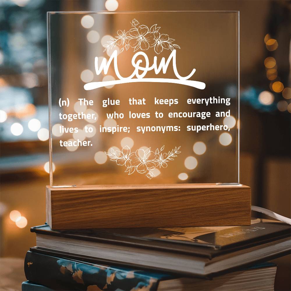 Personalized Mom Acrylic Plaque with Wooden Stand – Mother’s Day Gift, Mom Definition Sign, Superhero Quote, Inspirational Decor