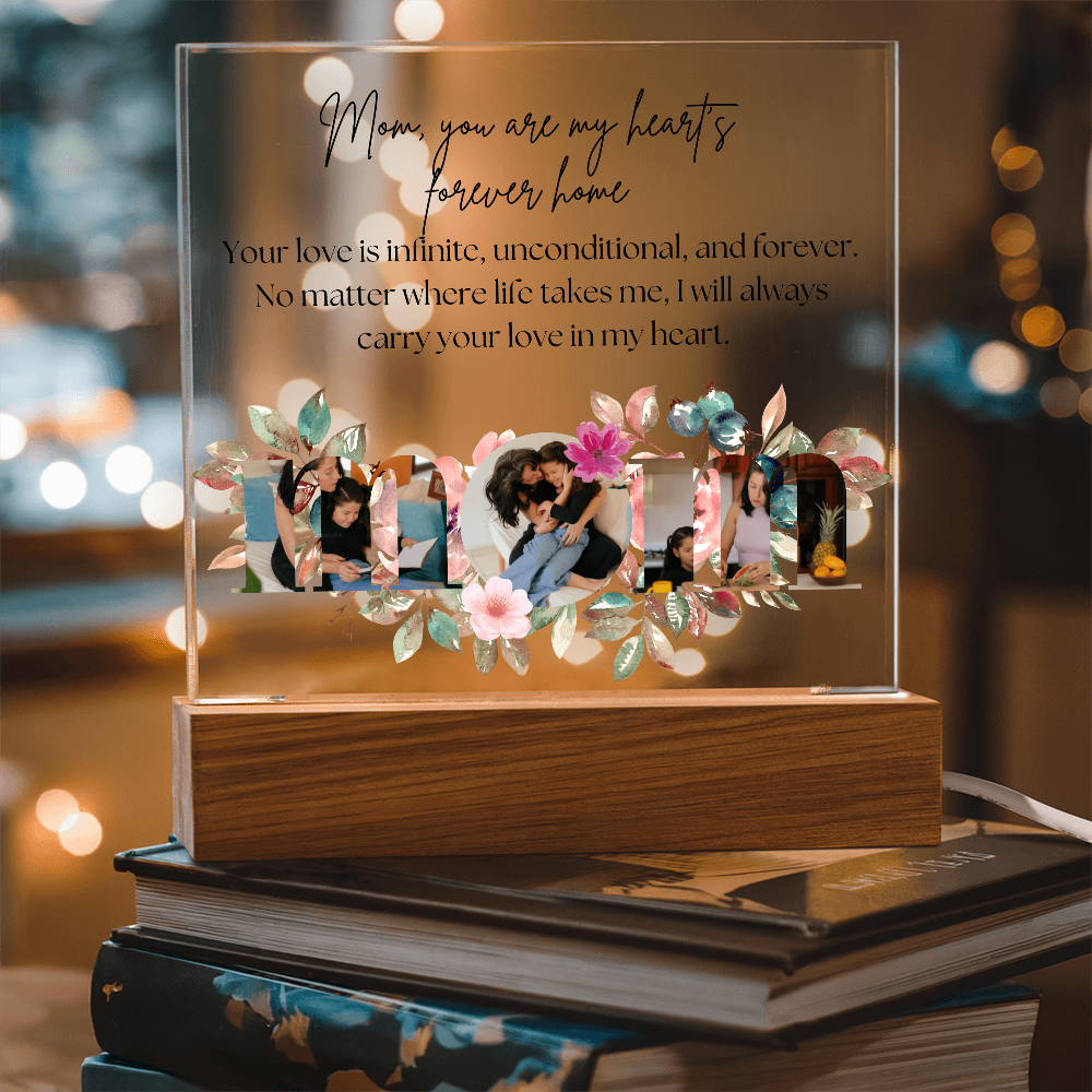 Personalized Mom Acrylic Plaque with Custom Photos | Floral Mother's Day Gift | Birthday Gift for Mom | LED Light Base Option