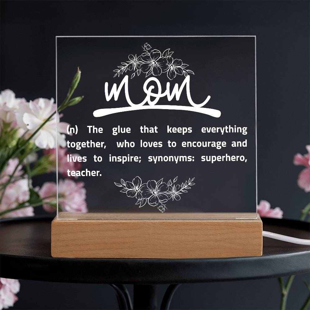 Personalized Mom Acrylic Plaque with Wooden Stand – Mother’s Day Gift, Mom Definition Sign, Superhero Quote, Inspirational Decor