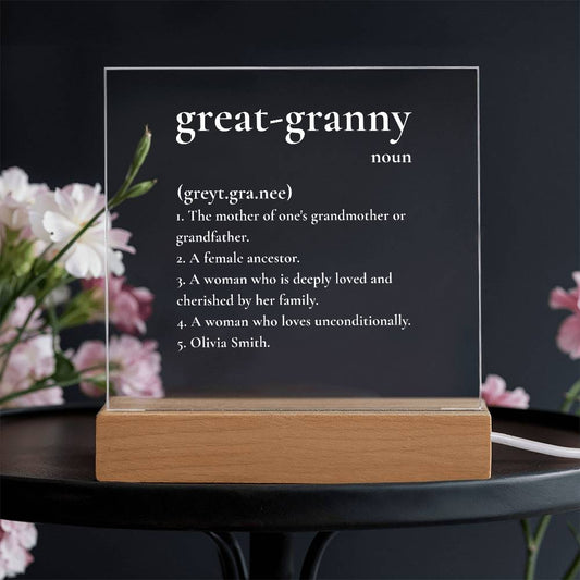 Custom Great-Granny Definition LED Lamp – Personalized Acrylic Light Gift for Great Grandmother – Unique Keepsake for Her