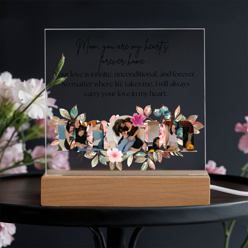 Personalized Mom Acrylic Plaque with Custom Photos | Floral Mother's Day Gift | Birthday Gift for Mom | LED Light Base Option