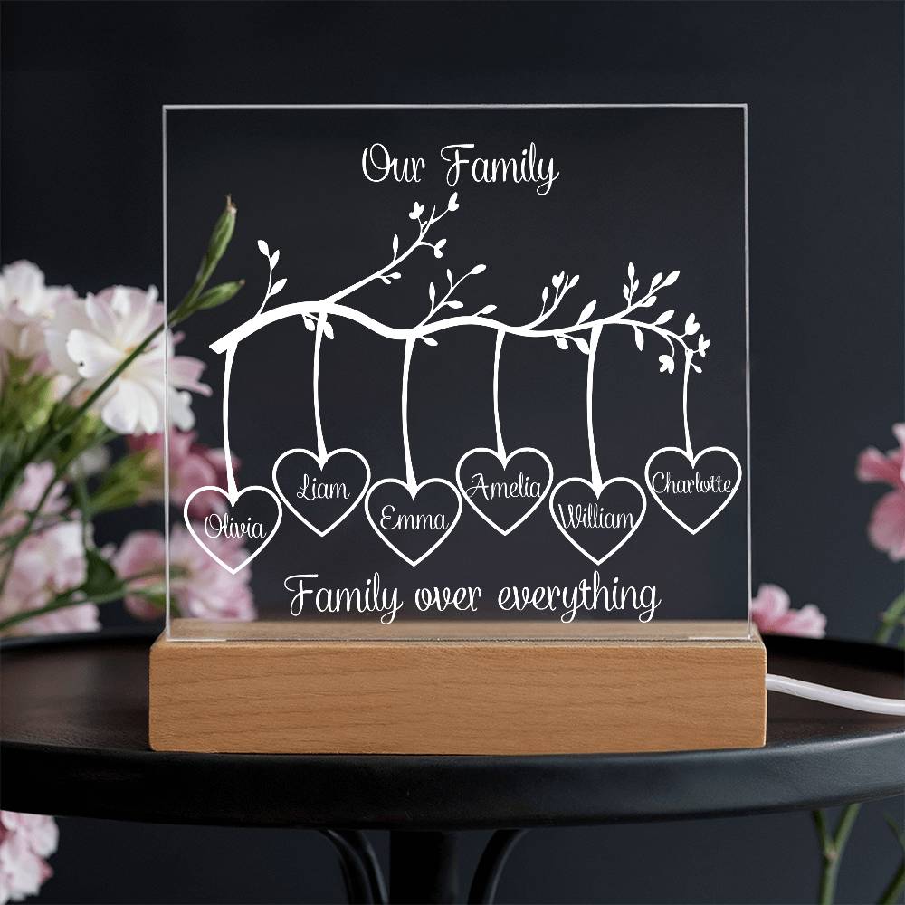 Personalized Family Tree Acrylic Plaque with Wooden Stand – Custom Names Gift, Home Decor, Family Keepsake, Anniversary Gift