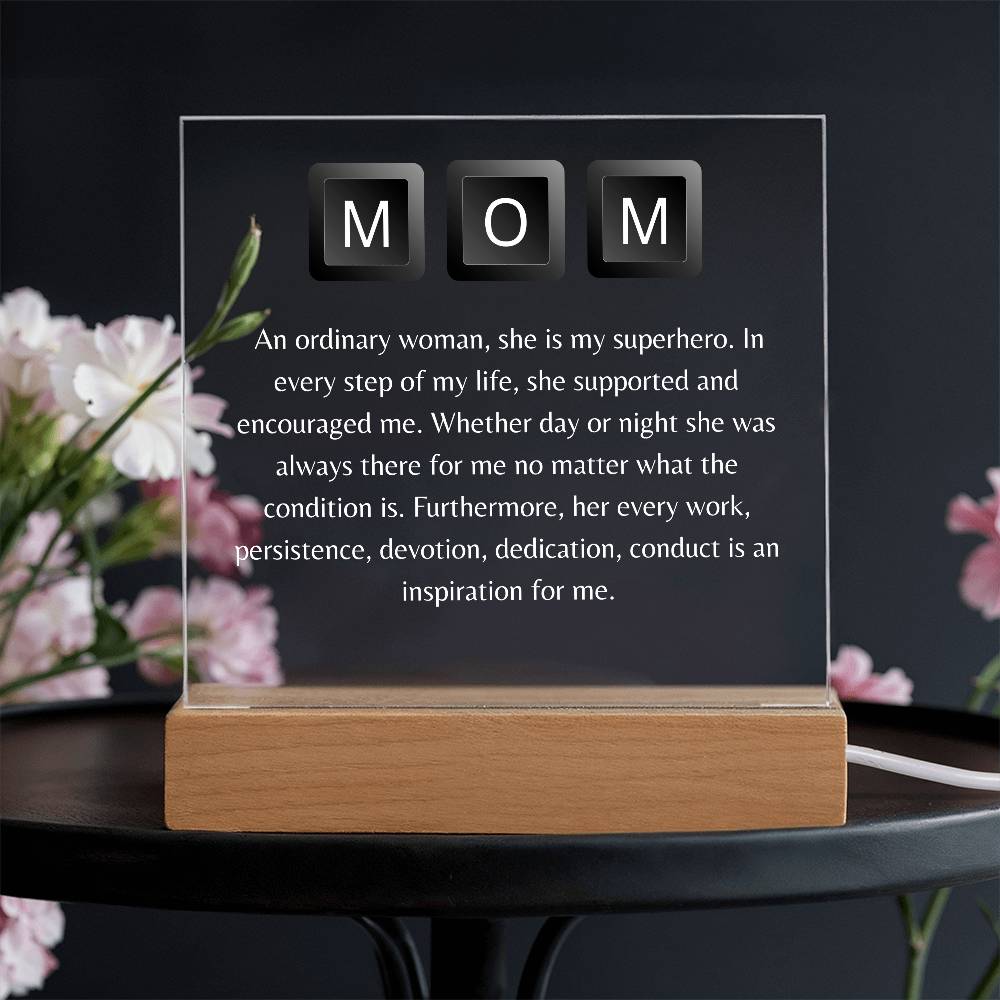 Personalized MOM LED Acrylic Lamp – Superhero Tribute Gift for Mother – Meaningful Light with Inspirational Message for Mom