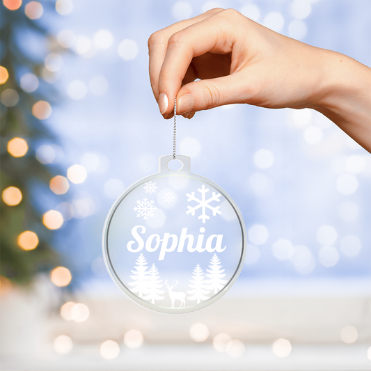 Personalized Name Christmas Ornament – Custom Clear Acrylic Ornament with Snowflakes, Minimalist Holiday Decoration, Elegant Christmas Gift