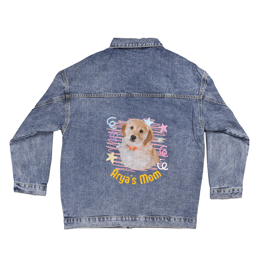Custom Pet Photo Denim Jacket – Personalized Dog Mom Gift with Name – Embroidered Pet Portrait Jean Jacket – Arya's Mom Style