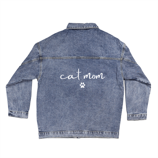 Cat Mom Denim Jacket – Minimalist Oversized Jean Jacket with Paw Print – Cat Lover Gift – Stylish Pet Mom Apparel for Women