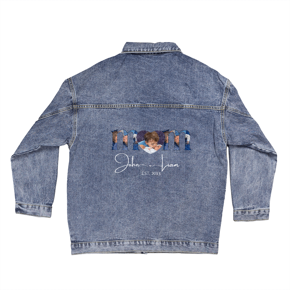 Custom Mom Denim Jacket – Personalized Jean Jacket with Kids' Names & Portrait – Mother's Day Gift – Mom Est. Year Oversized Jacket