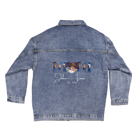 Custom Mom Denim Jacket – Personalized Jean Jacket with Kids' Names & Portrait – Mother's Day Gift – Mom Est. Year Oversized Jacket