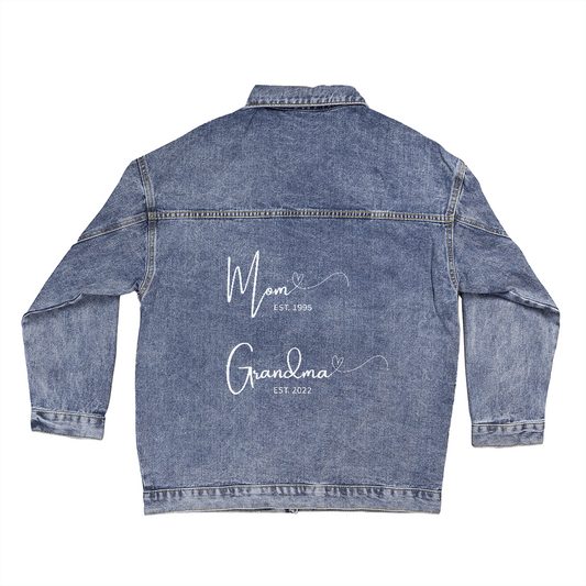 Custom Mom & Grandma Denim Jacket – Personalized Est. Year Jean Jacket – Mother's Day Gift – Two Generations of Love Oversized Jacket