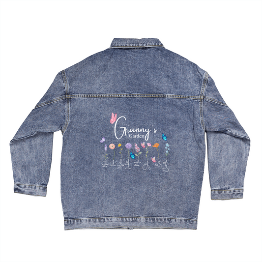 Granny's Garden Denim Jacket – Custom Grandma Jean Jacket with Grandkids' Names & Flowers – Gift for Nana, Granny, Mimi, Abuela